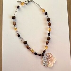 Boho Surf Necklace wood beads  Flower Shell pendant